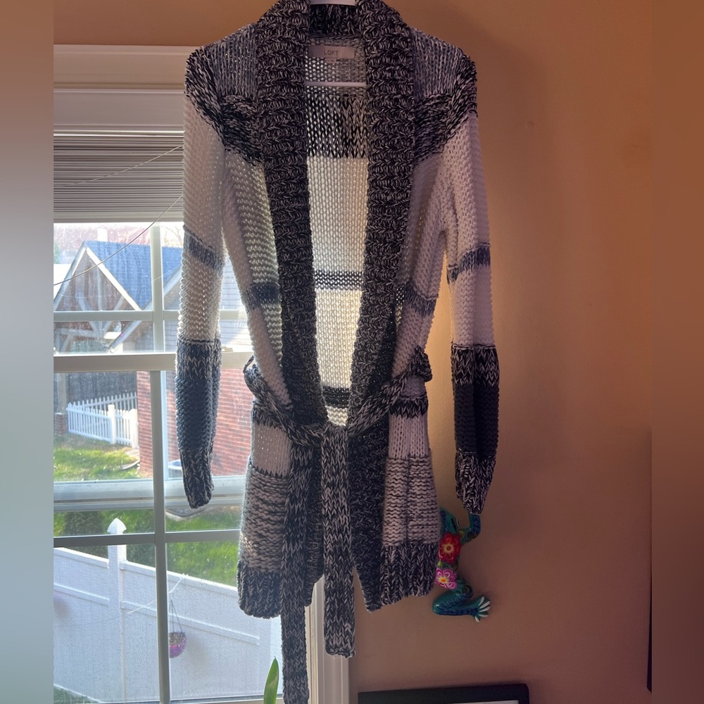 Loft Blue and White Striped Chunky Knit Tie Cardigan Medium